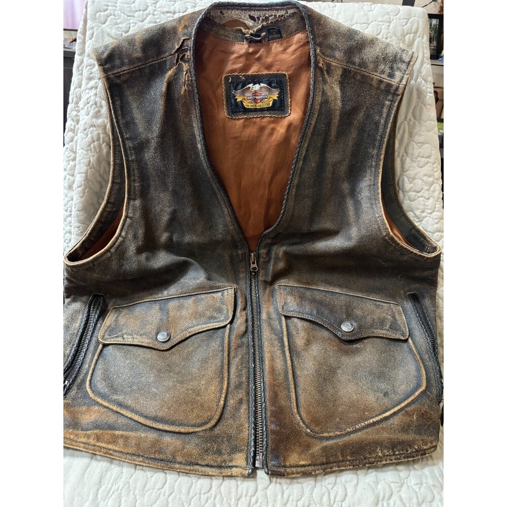 VTG Harley-Davidson Mens Distressed Brown Leather Suede Biker Vest Size Large
